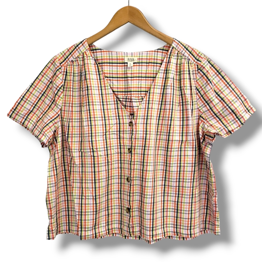 Ana Plaid Button-up Cream Patterned Blouse Size XL